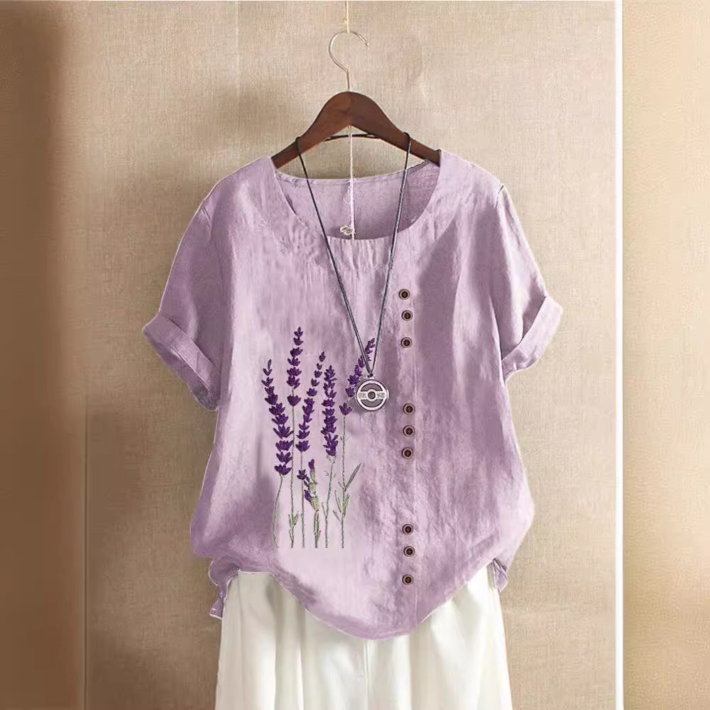 Women's Fresh Printed Round Neck Sleeve Fastener Blouses