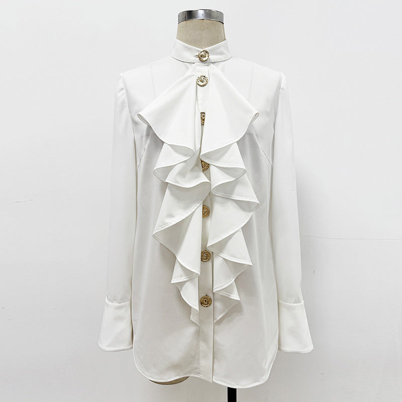 Fashion Simple Slim Fit Ruffle White Blouses