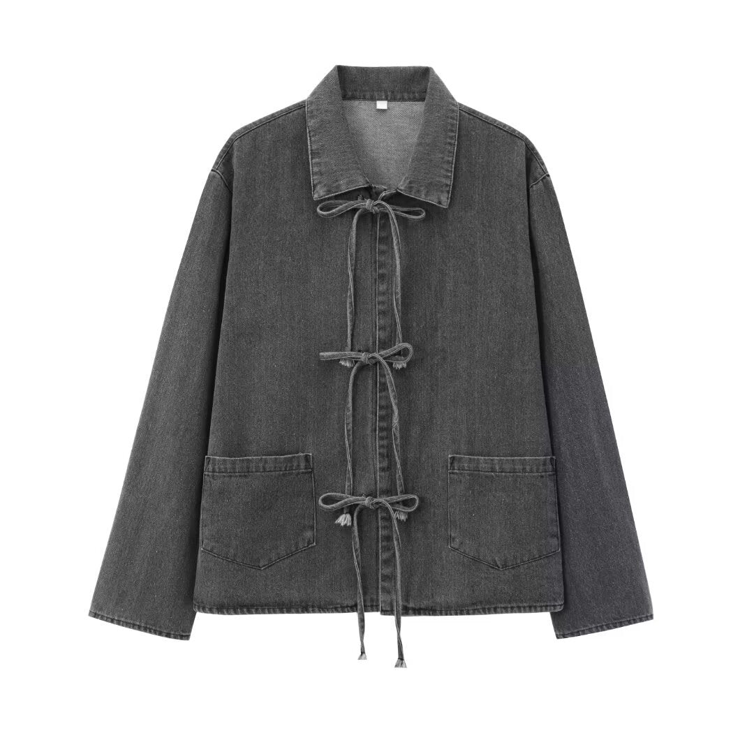 Women's Spring Lapel Bowknot Decoration Long Sleeve Pocket Washed Jackets