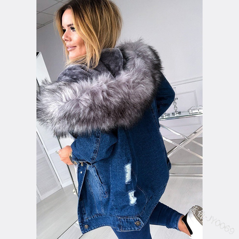 Women's Unique Cashmere Fur Collar Denim Coats