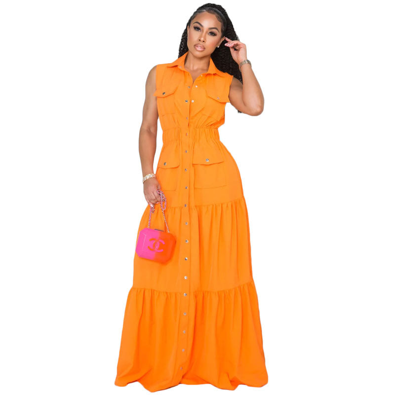 Women's Fashion Sexy Lapel Single Breasted Elastic Waist Large Dresses