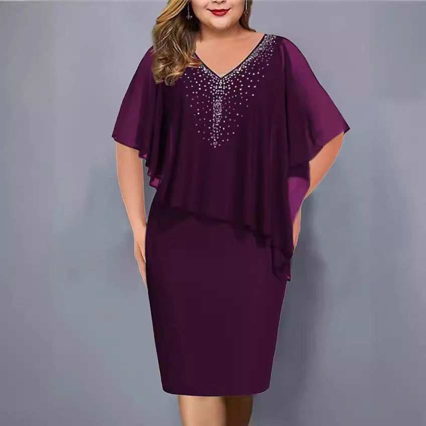 Women's Chiffon Stitching Rhinestone Irregular Half Sleeve Dresses