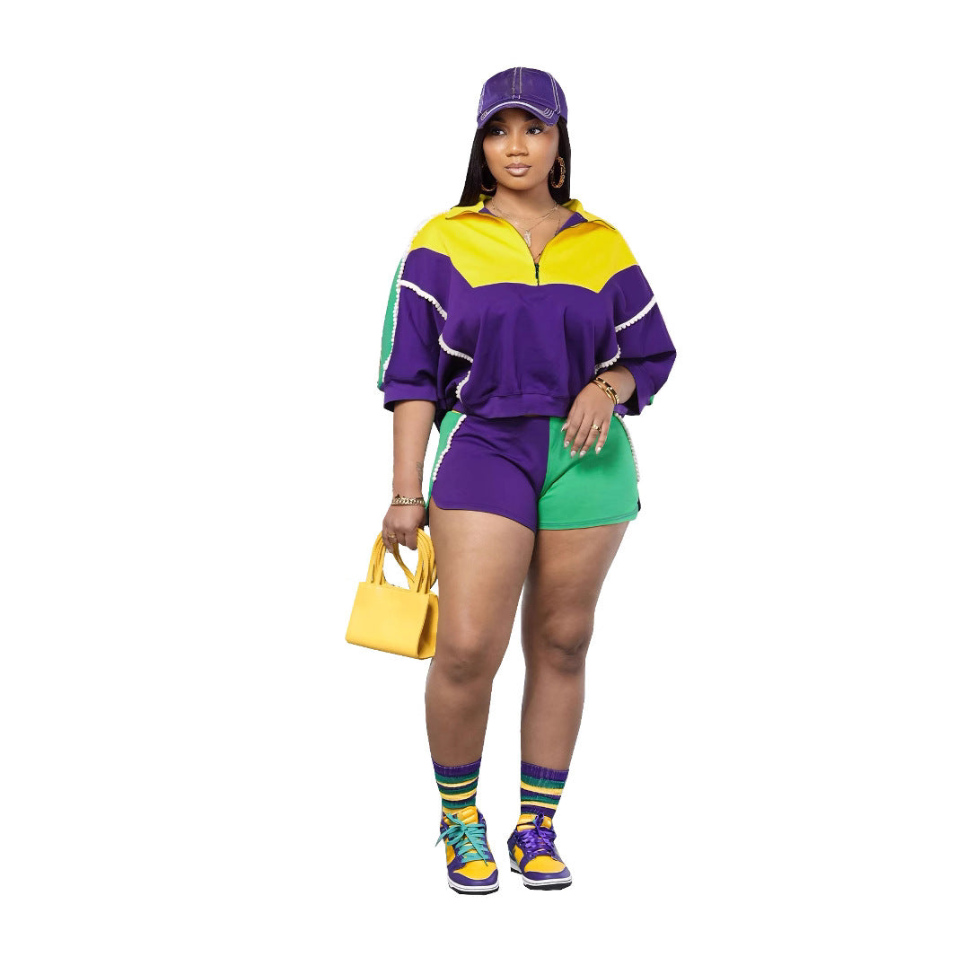 Women's Color Contrast Patchwork Pearl Edge Sports Suits