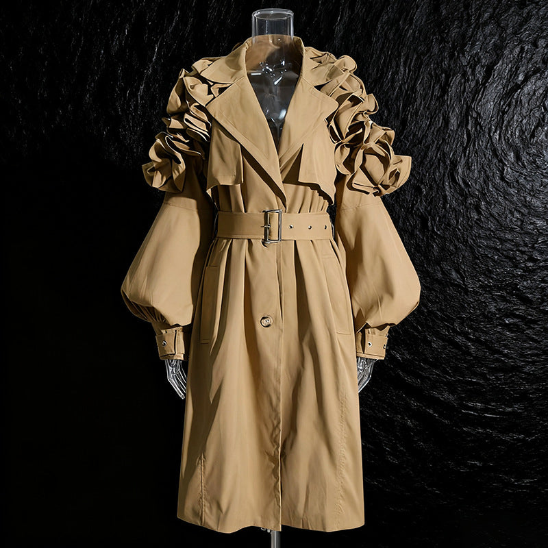 Women's Elegant Mid-length Trench Autumn Lapel Long Sleeve Ruffled Coats