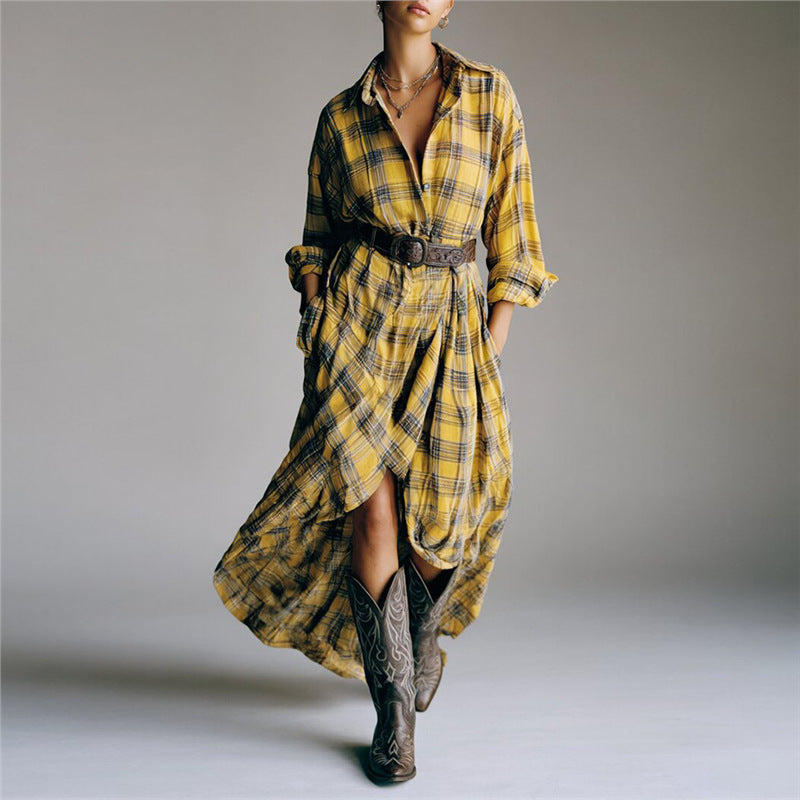 Retro Long Sleeve Plaid Shirtdress Fashion Loose Leisure Dress