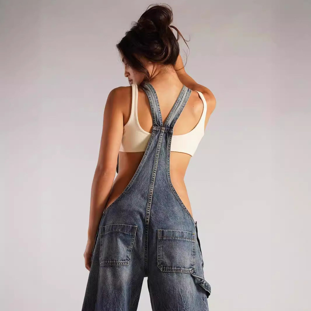 Street Style Low Waist Strap One-piece Wide Leg Summer Jeans