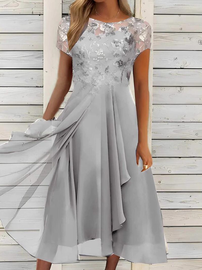 Chiffon Patchwork Round Neck Lace Long Dress
