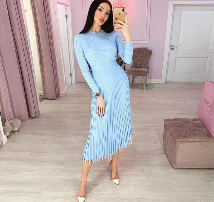 Women's Mid-length Knitted Solid Color Pleated Dress Blouses