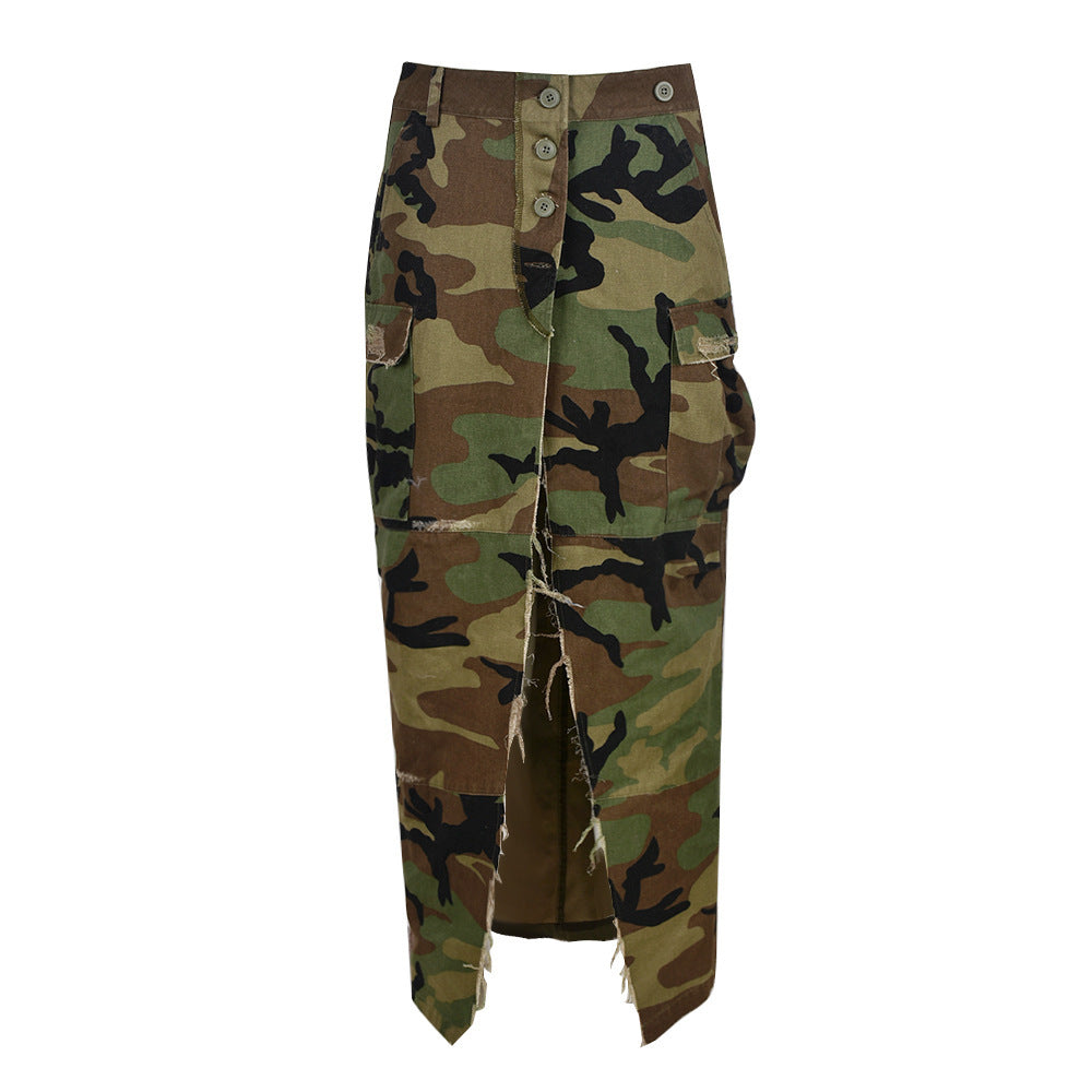 Women's Summer Washed Worn Work Pocket Button Skirts