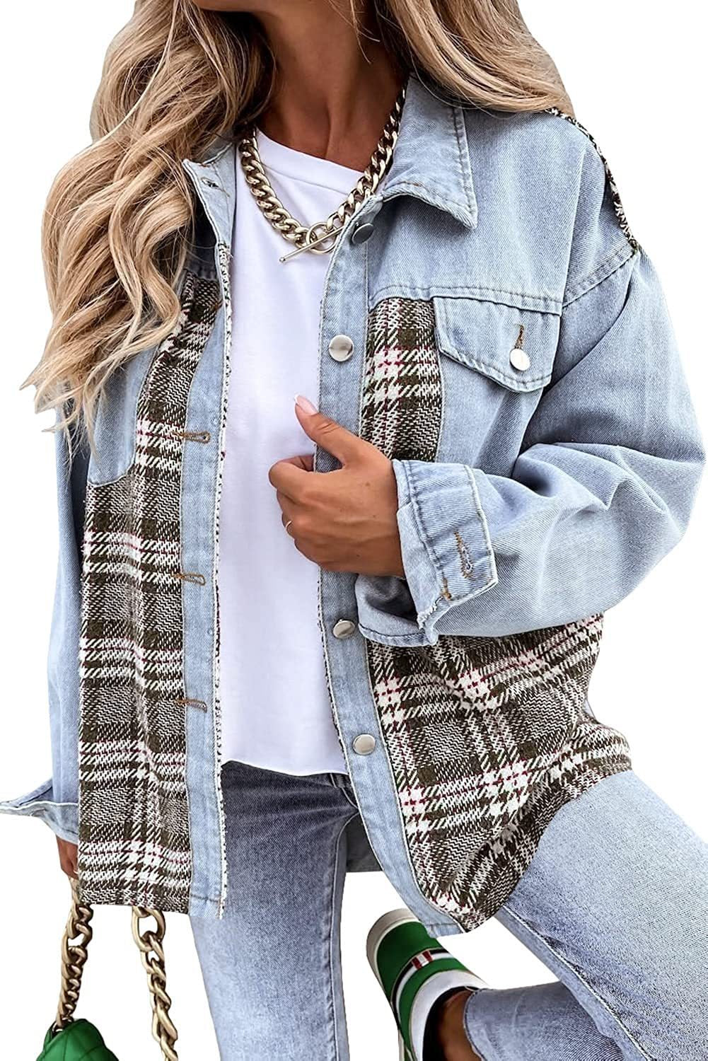 Denim Long Sleeve Plaid Button-down Shirt Jackets
