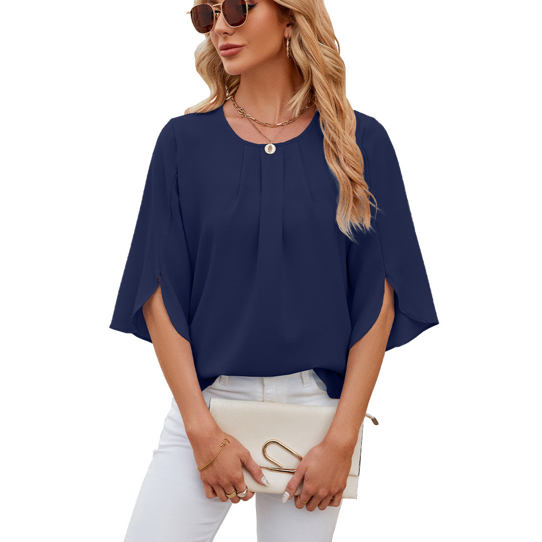Women's Solid Color Round Neck Half Sleeve Blouses