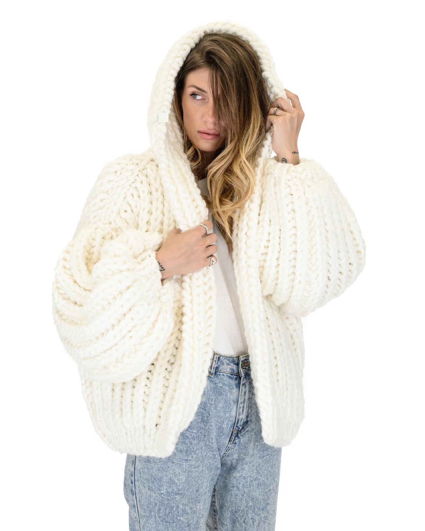 Women's Lazy Style Hooded Handmade Knitting Needle Sweaters