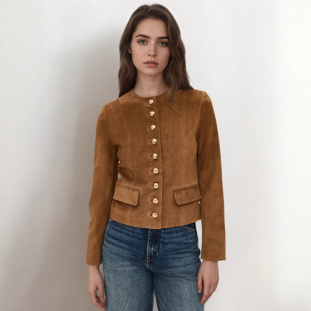 Fashionable Classic Metal Single-breasted Suede Air Coats