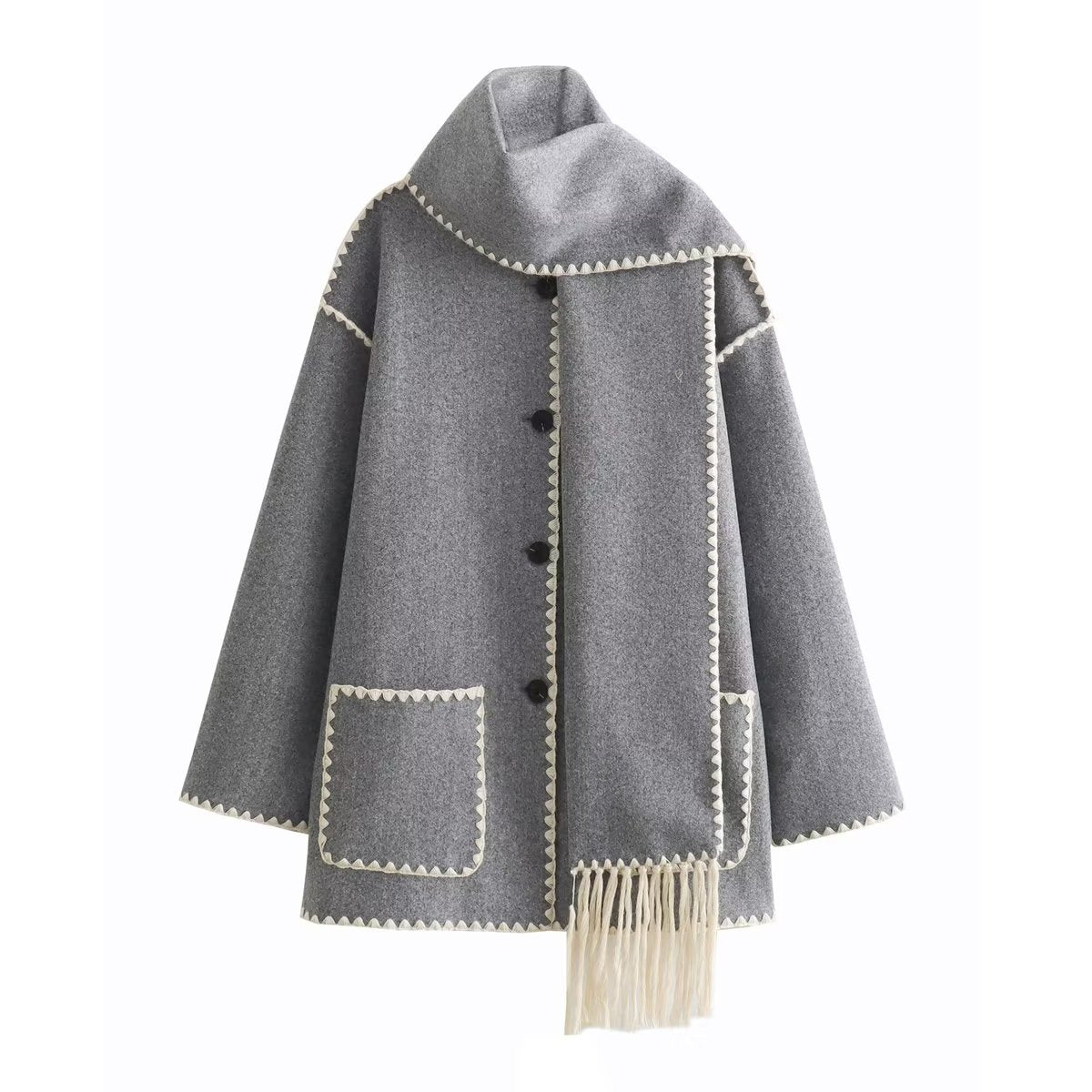 Women's French Fashion Single-breasted Tassel Scarf Stitching Coats