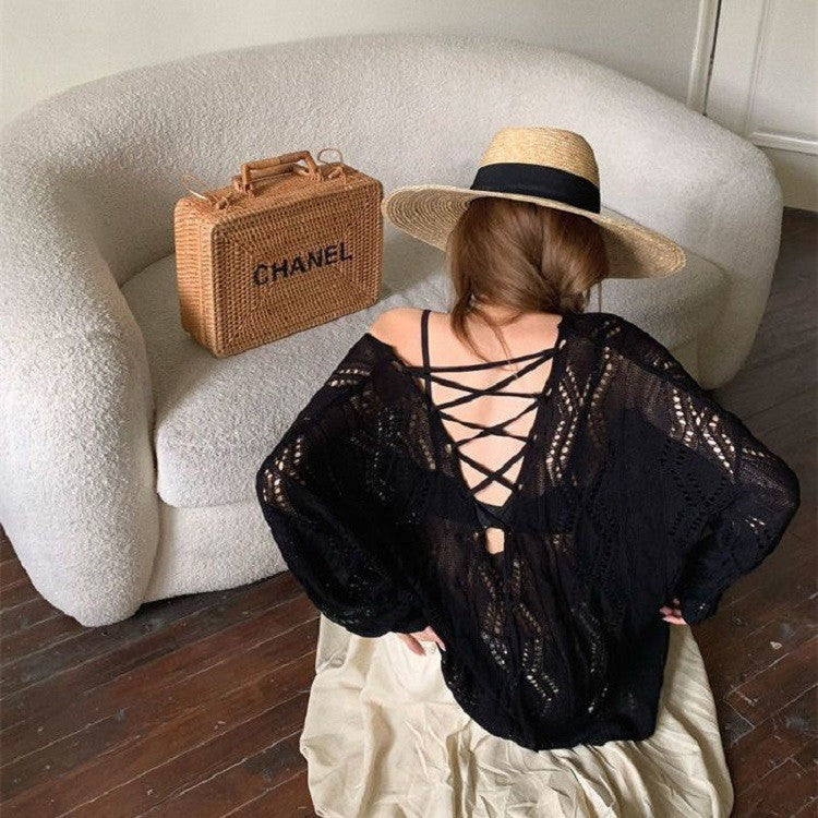 Women's Backless Knitted Long Sleeve Beach Sexy Style Tops