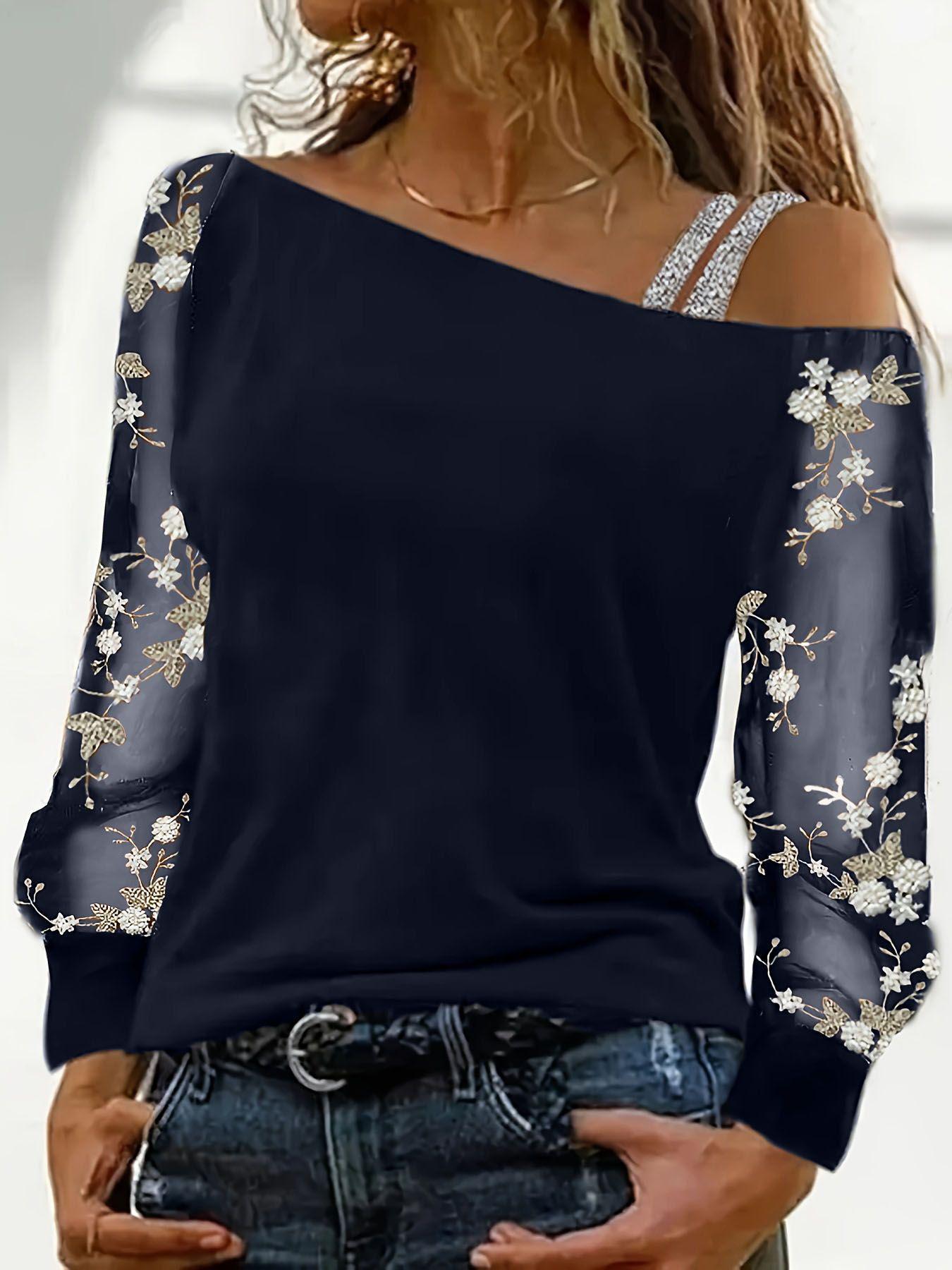 Diagonal Collar Gauzy Long Sleeve T-shirt Fashion Blouses