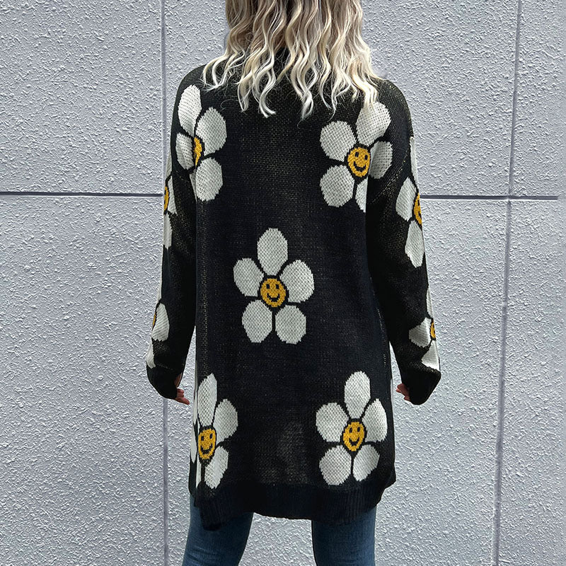 Women's Fashion Wear Flower Long Sleeve Mid-length Knitwear
