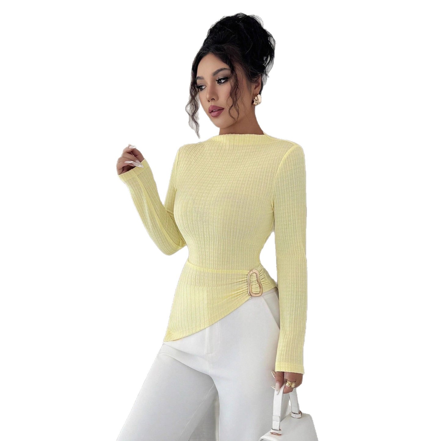 Women's Fashion Wear Long Sleeve Metal Buckle Tops