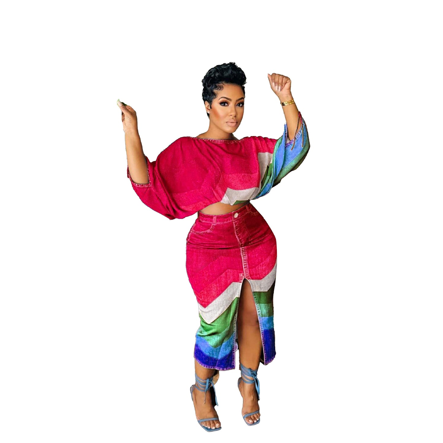 Printed Batwing Sleeve Split Two-piece Set Suits
