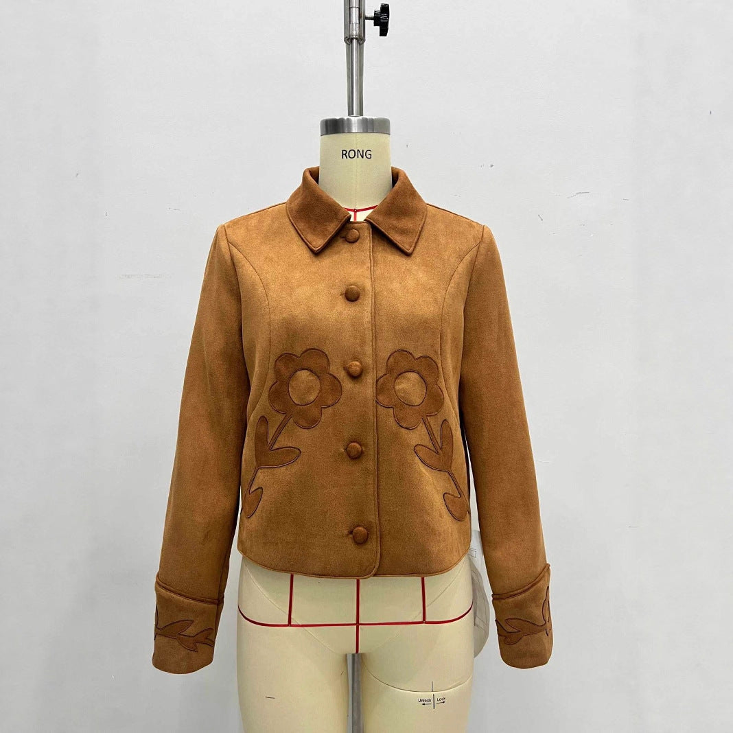 Retro Suede Flower Exquisite Decoration Embellished Lapel Coats