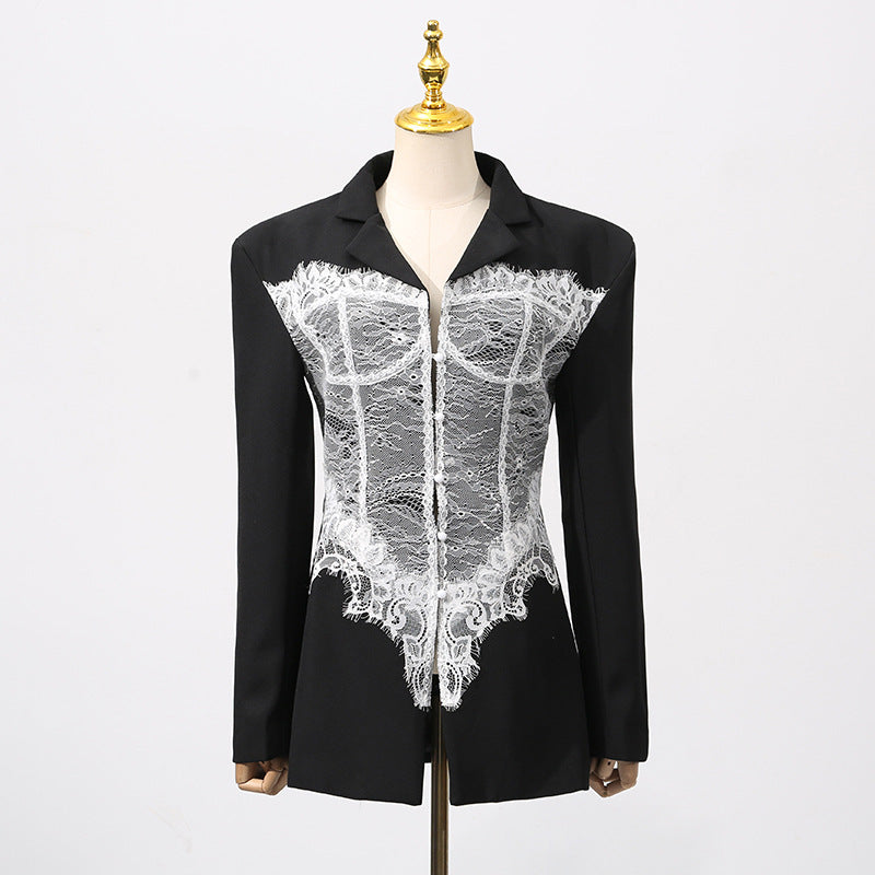 Women's Lace Stitching Fishbone Slim Fit Fashion Blazers