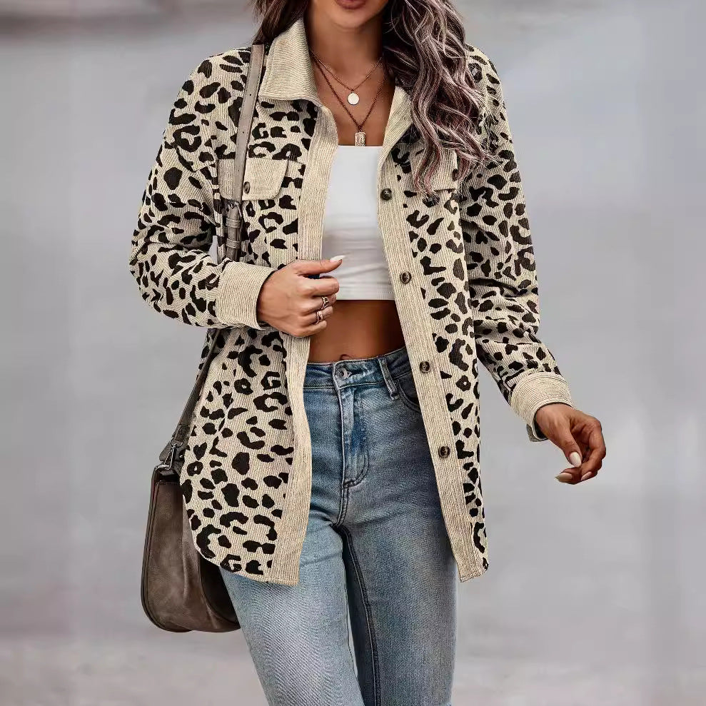 Women's Fashion Leopard Print Button Long Sleeve Coats