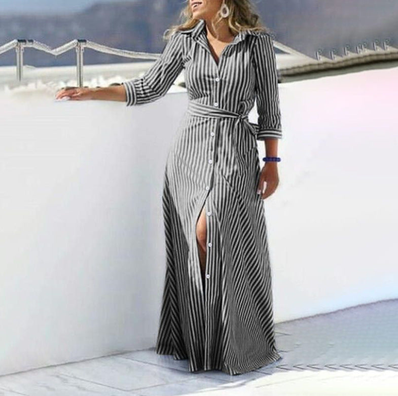 Collar Temperament Cotton Linen Stripes Bohemian Three-quarter Dresses