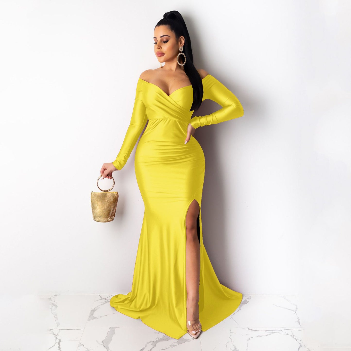 Women's Formal Solid Color Large Slit Long Dresses