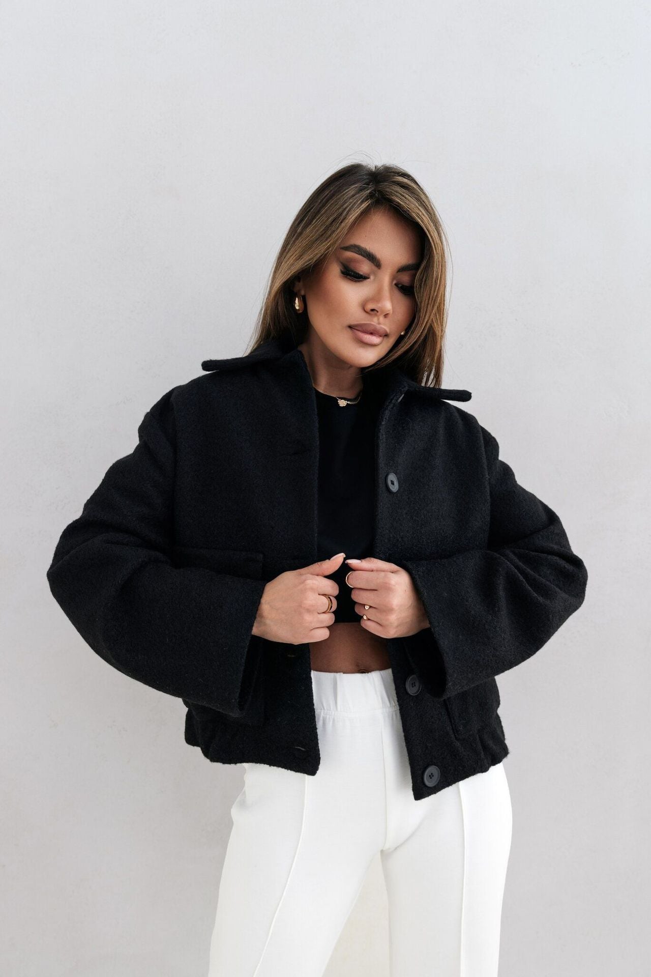 Women's Fashion Solid Color Pocket Breasted Woolen Coats
