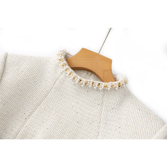 Beige Beaded Small Stand Collar Sleeve Elegant Dresses
