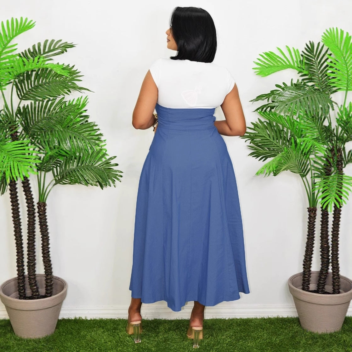 Stitching Contrast Color Overalls Pocket Hemline Dresses