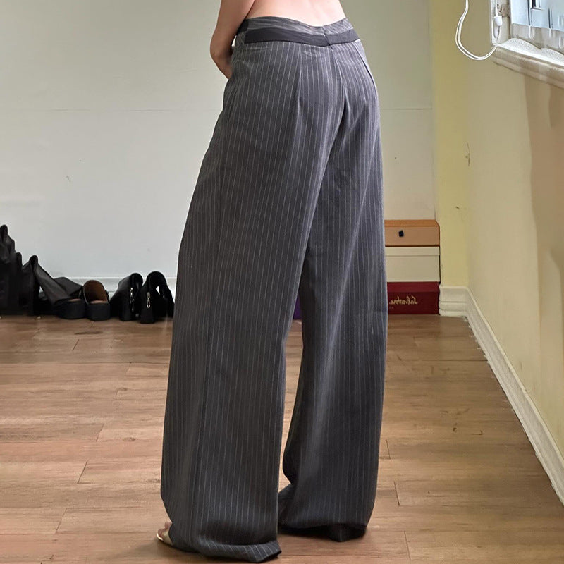 Waist Design Loose Pinstripe Straight Female Pants