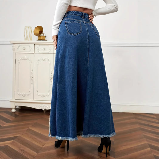 Women's Summer Patchwork Denim Frayed Long Skirts