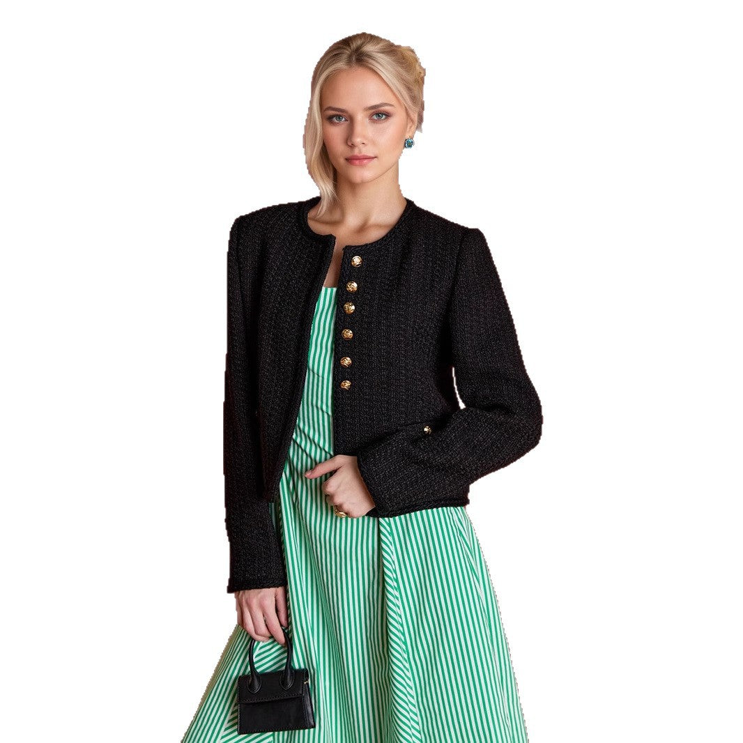 Women's Round Neck Long Sleeve Classic Style Tweed With Metal Blouses