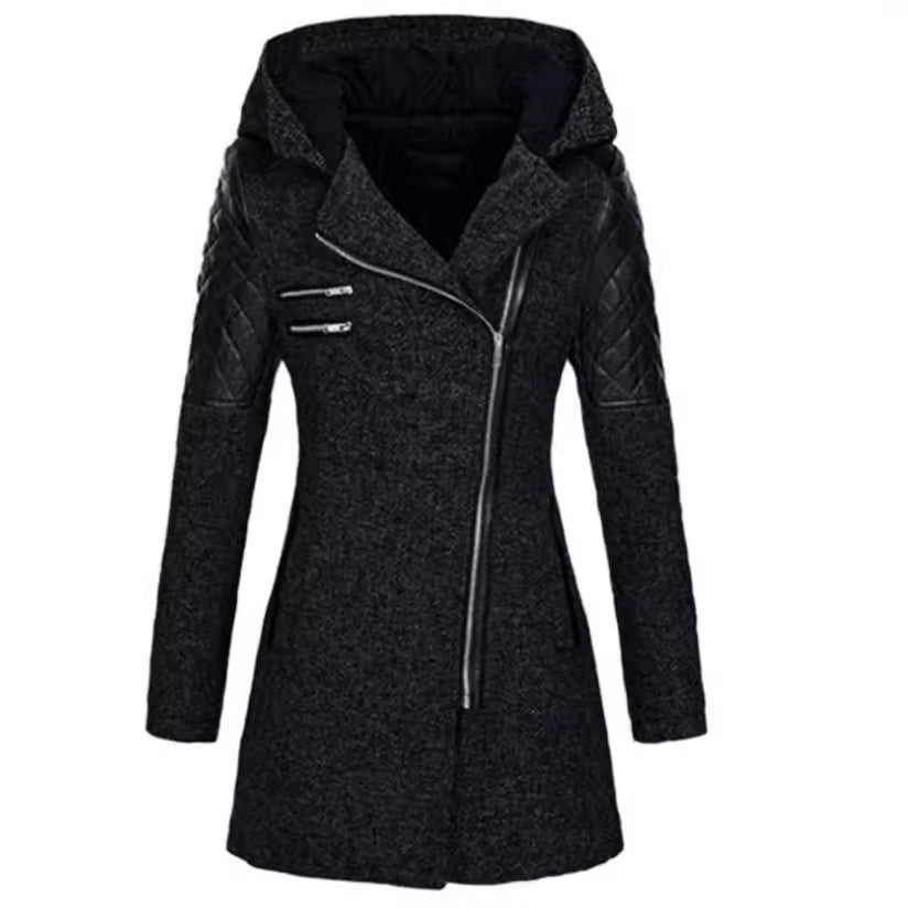 Women's Zipper Hooded Woolen Trench Mid-length Thick Coats