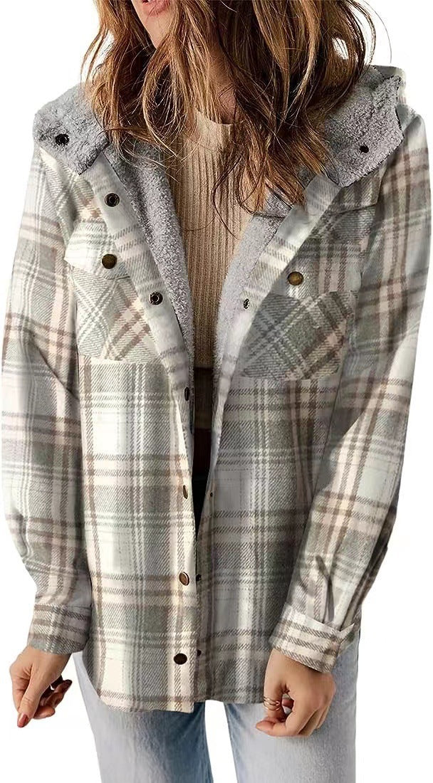 Women's Plush Shirt Casual Plaid Hooded Woolen Jackets