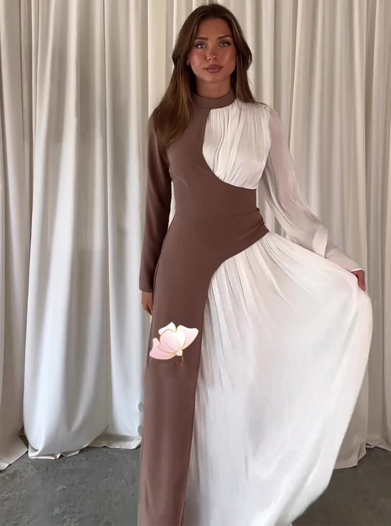Women's Round Neck Contrast Color Long Sleeve High Waist Dresses
