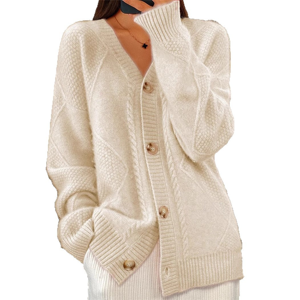 Women's Solid Color Long Sleeve Knitted Breasted Jacquard Sweater