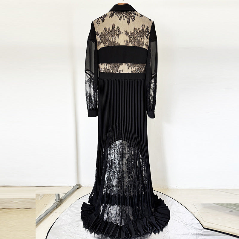 Fashionable Lace Stitching Pleated Long Dress Dresses