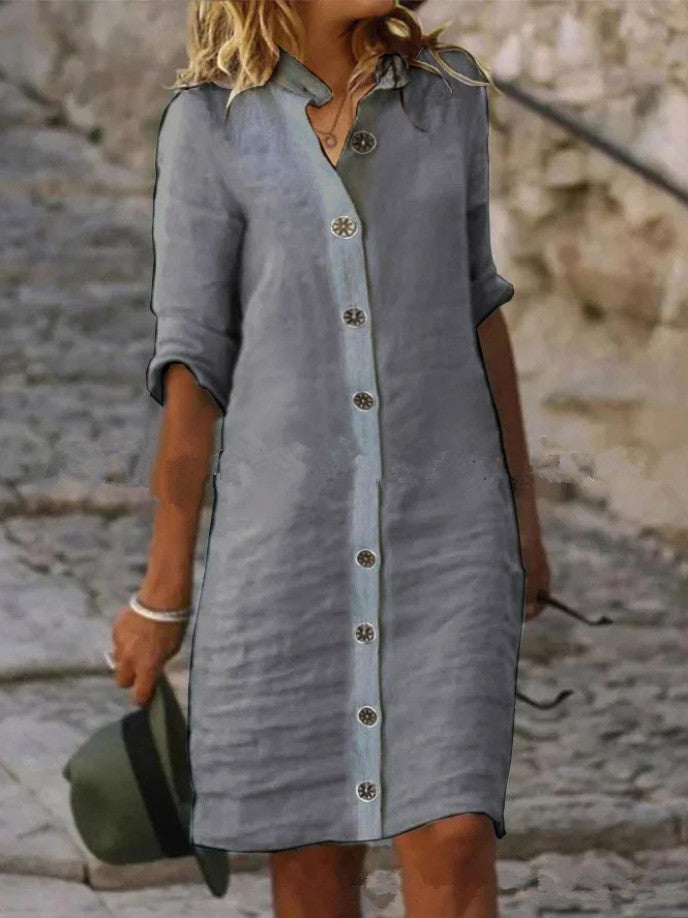 Women's Collar Half Sleeve Large Round Buckle Cotton Dresses