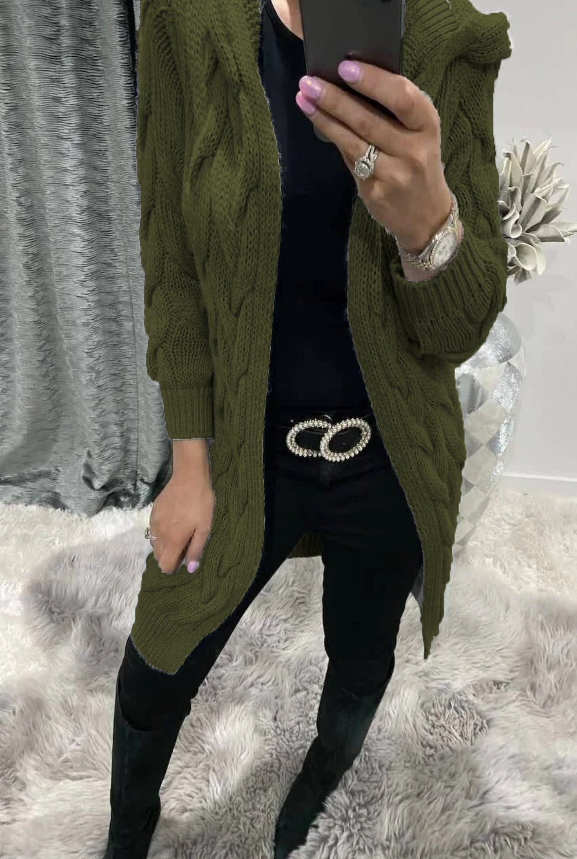Solid Color Long Knitted Hooded Pocket Knitwear