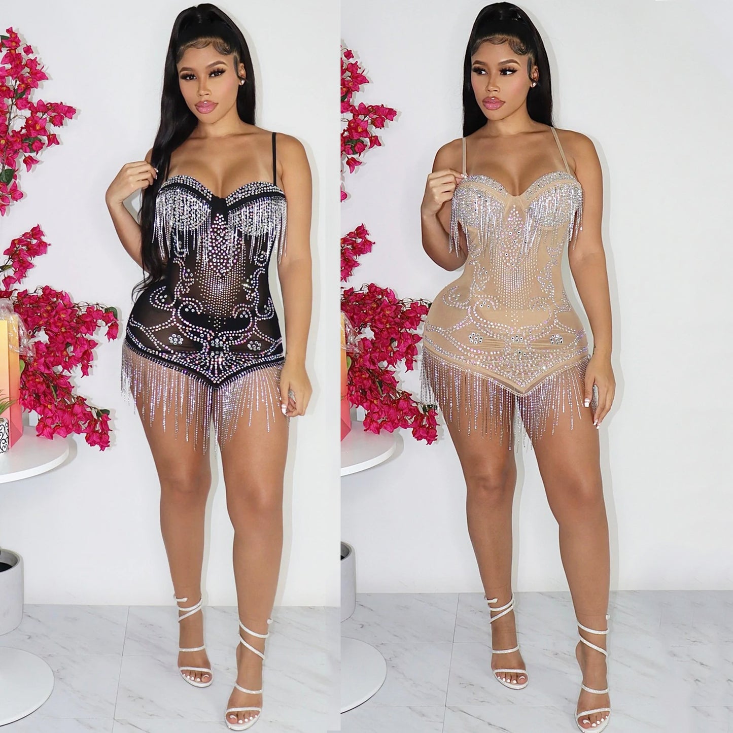 Women's Summer Sexy Mesh Rhinestone Strap Tassel Dresses