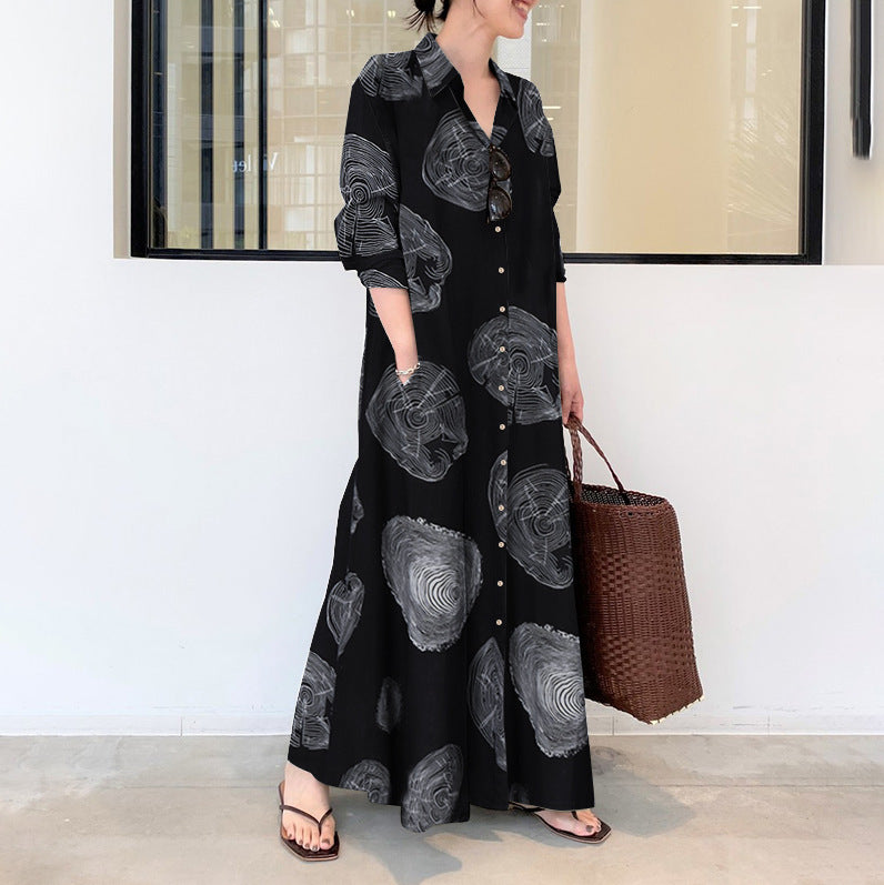 Muslim Cotton Linen Printing Lapel Long Sleeve Simple Dresses