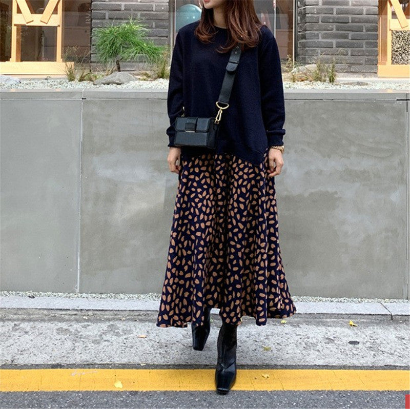 Long-sleeved T-shirt Stitching Printing Swing Dress Dresses