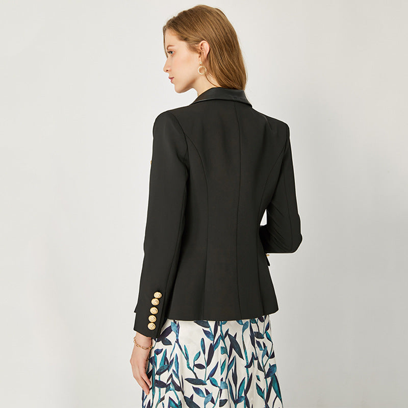 Black Leather Stitching Collar Graceful Crisp Blazers