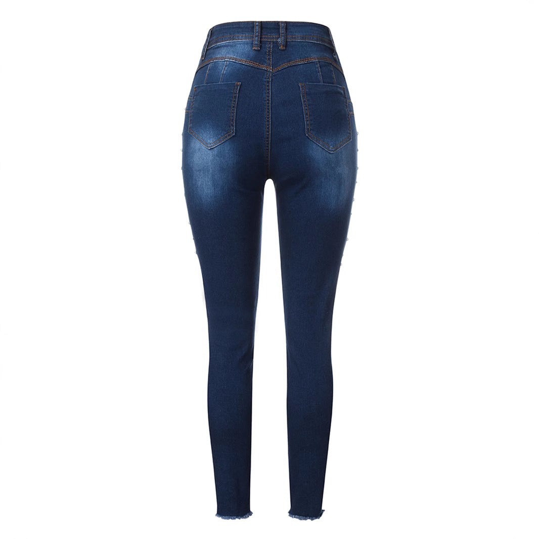 High Waist Rhinestone Beaded Hip Lifting Jeans