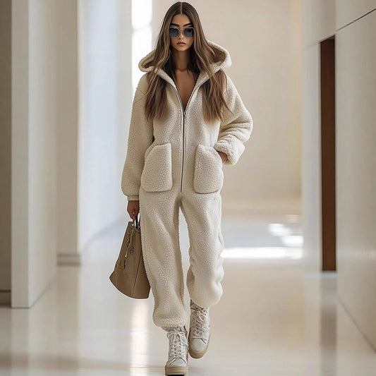 Women's Hooded Pocket Decorative Loose Straight Plush Jumpsuits