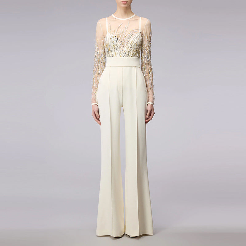 Fashion Mesh Patchwork Sequin Bead Diamond Jumpsuits