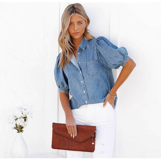 Women's Princess Sleeves Lapel Thin Denim Shirt Blouses