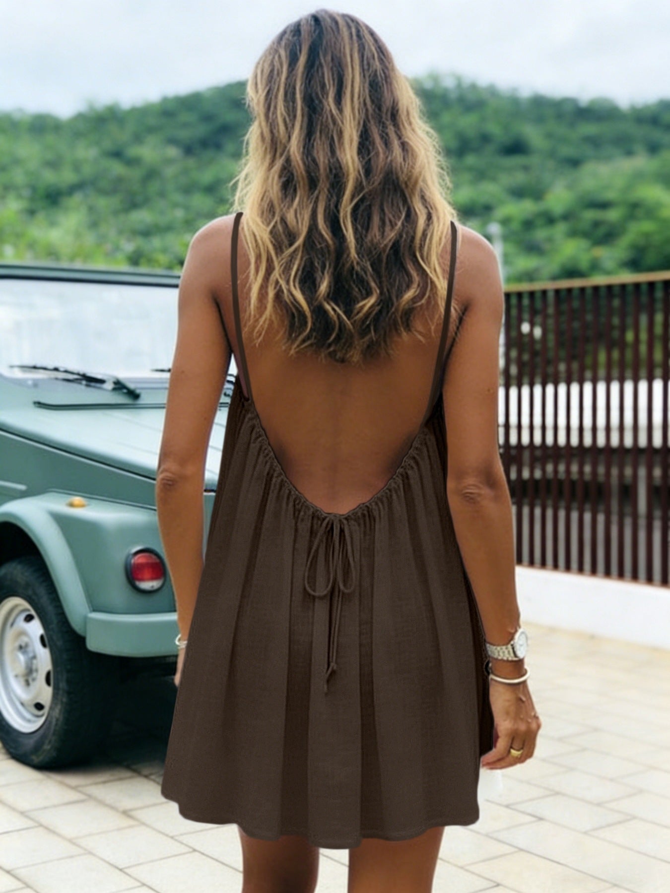Women's Ice Silk Wrinkle Solid Color Pleating Backless Dress